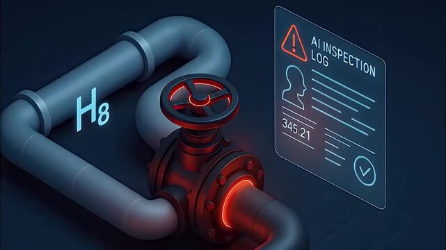 AI inspection log valve pipeline hydrogen pipe metal flange inspection log dashboard glowing sensor control wheel safety alert digital display monitoring industrial maintenance safety check