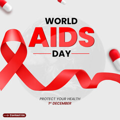 Orld aids day poster design with red ribbon awareness concept template
