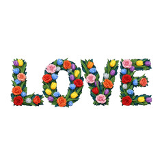The word love artfully formed from a vibrant arrangement of colorful flowers isolated on transparent background