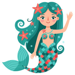 Beautiful mermaid waving hand with starfish in her hair.