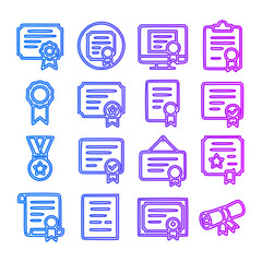 Neon icon sheet displaying a grid of sixteen certificate-themed icons in blue and pink. Designs include certificates, ribbons, medals