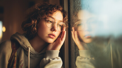 Young woman feeling loneliness and depression, looking out a rainy window reflecting her pensive mood