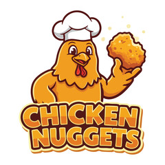 Cartoon chef chicken holding nugget atop text Chicken Nuggets