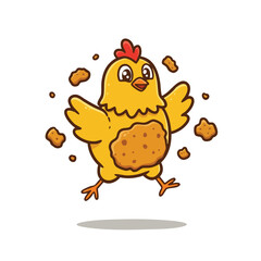 Cartoon chicken with cookie on its chest surrounded by cookie crumbs jumping