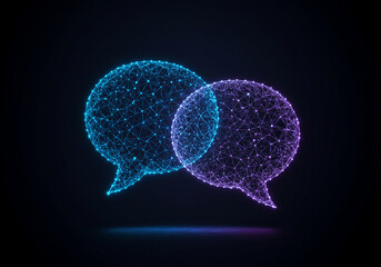 Modern communication concept shows glowing interconnected speech bubbles in blue and purple, representing dialogue and digital connection for global business teams