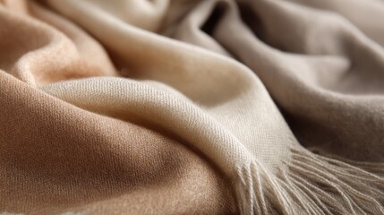 Fototapeta premium Elegant cashmere scarf in cream and camel colors. Tactile fabric texture closeup