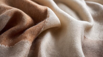 Elegant cashmere scarf in cream and camel colors. Tactile fabric texture closeup