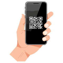 Hand holding smartphone displaying QR code for scanning.