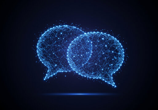 Modern glowing speech bubbles connect in digital conversation, representing communication, networking, and innovative technology solutions for business needs