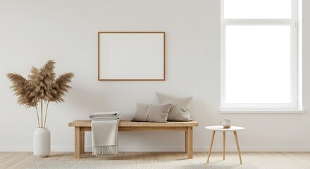 Cozy living space with natural elements, minimalist furniture, and neutral tones