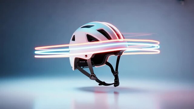 Futuristic glowing helmet with neon lines movement concept for safety and technology. 3D render in multi-language.