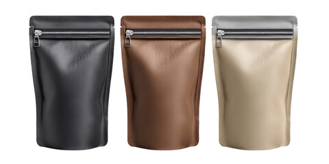 Three stand up pouches with zippers isolated on a transparent background