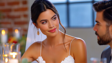 A bride gazing lovingly into her groom’s eyes during the wedding dinner, candlelight soft on their faces, blured background, with copy space.