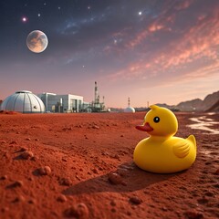 A yellow rubber duck sits on the red surface of Mars. In the background, a futuristic habitat and a large moon are visible in the sky.