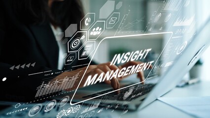 Professional in Business Suit Using Laptop for Insight Management with Data Analytics Graphics Overlay. Asymptotic smart data analytic.