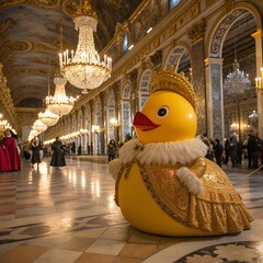 A large, golden rubber duck dressed in royal attire sits in a grand hall with chandeliers. People in elegant costumes are visible in the background.