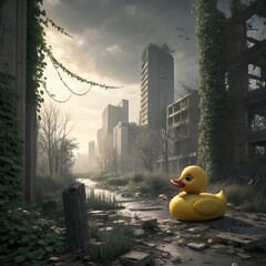 A bright yellow rubber duck sits in a desolate urban landscape. Overgrown vegetation surrounds abandoned buildings under a cloudy sky.
