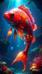 Beautiful Red Fish in Underwater Scene.