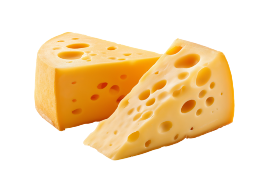 Two wedges of Swiss cheese isolated on a transparent background
