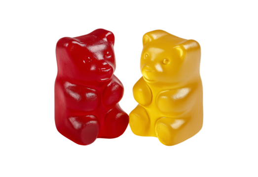 Two Gummy Bears Red and Yellow isolated on a transparent background