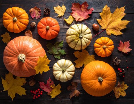 Creative autumn Halloween layout with various leaves and pumkins on dark wooden backgound