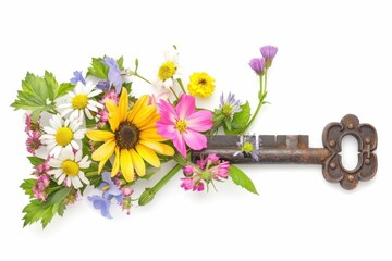 Unlock New Beginnings Antique Key Adorned with Vibrant Flowers Blossoming on transparent background
