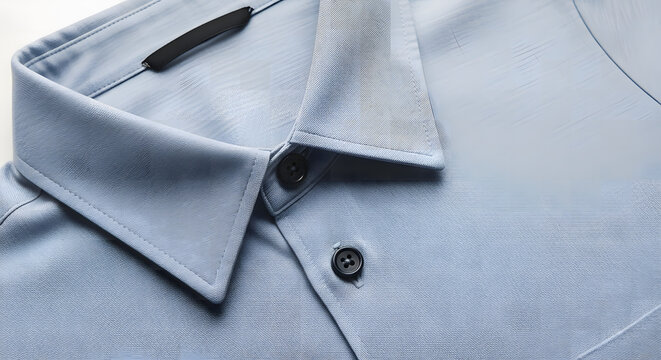 Close up of a light blue formal shirt showcasing collar and buttons with detailed texture