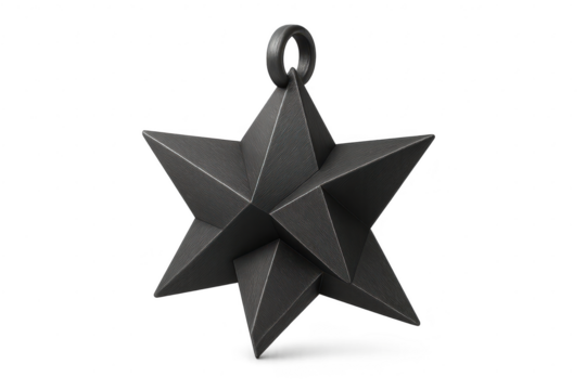 Isolated dark metallic faceted star decoration on a transparent background