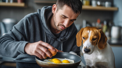 A man cracking eggs into a pan while his dog waits beside him, cozy morning energy, blured background, with copy space.