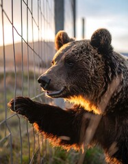 Bear at a fence in golden light
