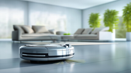 A robot vacuum gliding across a modern minimalist living room, symbol of smart comfort, blured background, with copy space.