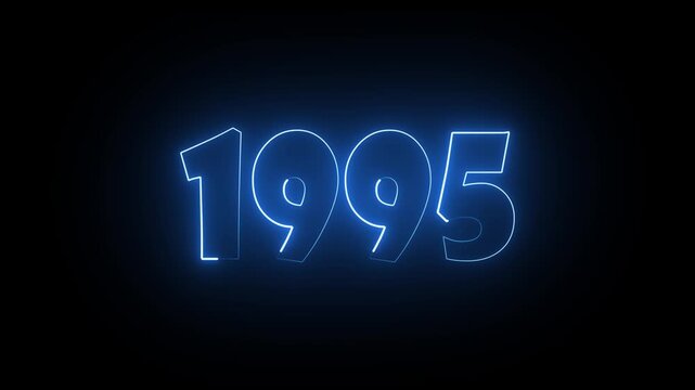 Glowing neon numeric text 1995 year countdown icon background 4k animation. cyan neon font alpha year.
