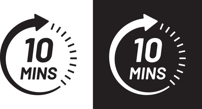 10 minutes, timer, clock, time, duration, icon, set, circle, arrow, countdown, speed, quick, fast, deadline, schedule, appointment, reminder, graphic, symbol, black, white, contrast, circular arrow, m