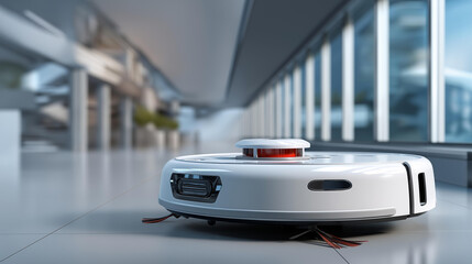 A sleek robot vacuum moving across a modern apartment floor, quiet efficiency and technology, blured background, with copy space.