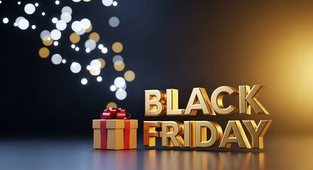 Fototapeta premium Golden black friday text with gift box and bokeh lights