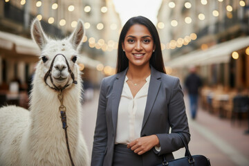 A woman standing next to a llama