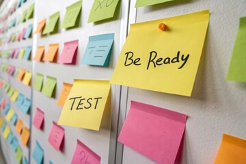 Colorful sticky notes on whiteboard with words be ready and test in focus