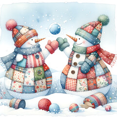 Funny patchwork snowmen play snowballs, cute playful winter watercolor illustration isilated on white