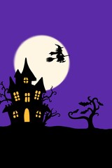Haunted Halloween Night with Witch Flying Over Spooky Mansion. Perfect for Halloween invitations, decorations, posters, banners, greeting cards, web design, social media posts, and children's projects