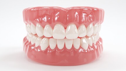 Fototapeta premium This detailed dental model showcases a complete set of human teeth and gums suitable for learning about oral health and dental hygiene. The model is brightly colored and well-designed.