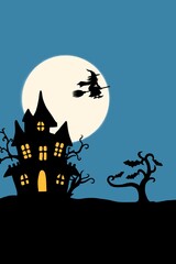 Haunted Halloween Night with Witch Flying Over Spooky Mansion. Perfect for Halloween invitations, decorations, posters, banners, greeting cards, web design, social media posts, and children's projects
