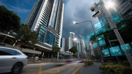 Obraz premium Advanced public safety monitoring systems incorporating surveillance networks and predictive policing technologies enable cities to maintain security and safety in busy commercial 
