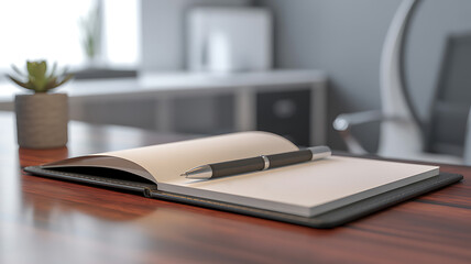 Photo of a sleek black notebook rests on a wooden desk, a pen placed gently beside it, ready to capture brilliant ideas