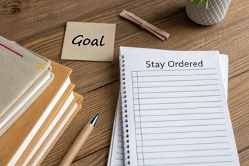 Stacked notebooks and lined paper with goal and stay ordered text concept
