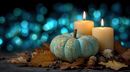Pumpkin Candle Dry Leaves Blue Bokeh Background for Holiday Product Display
