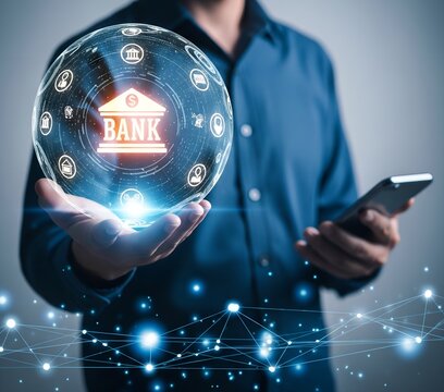 Man holding glowing digital sphere with bank and financial icons and smartphone