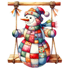 Funny patchwork snowman swing on a swing, cute playful winter watercolor illustration