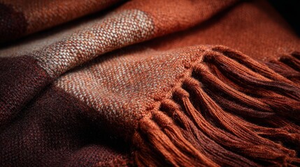 Handwoven alpaca throw with fringe details in rust and terracotta tones