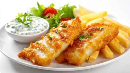Crispy fried fish fillets are served with golden fries a side of fresh salad with tomatoes and a creamy dipping sauce. Perfect for a quick meal at lunch.
