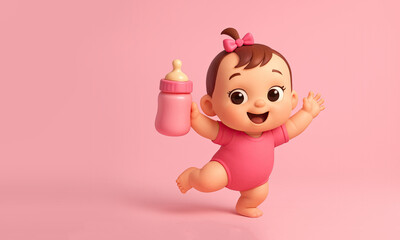 Happy Dancing Baby on a Pink Background with a Bottle